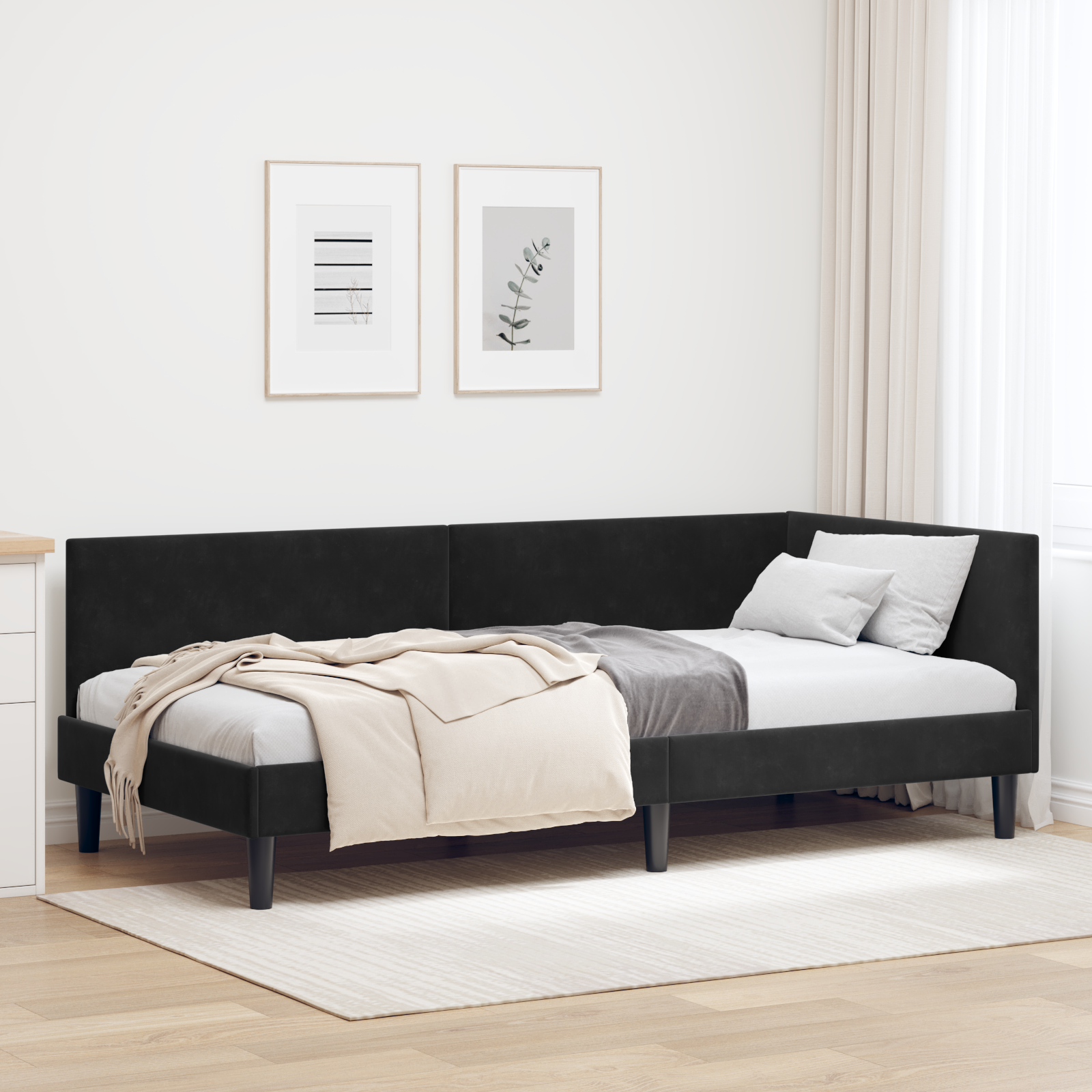 Corner Bed Frame with Headboard Black 90 cm x 190 cm Velvet