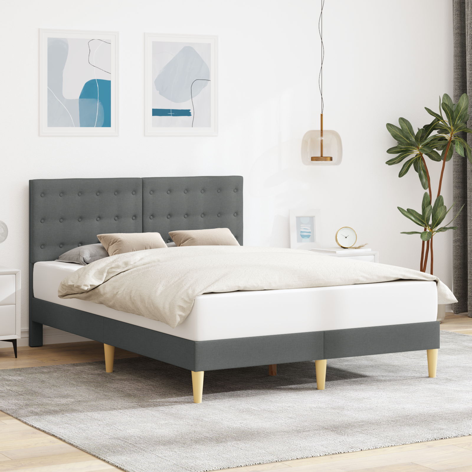 Bed Frame with Headboard Dark Grey 153 x 203 cm Fabric
