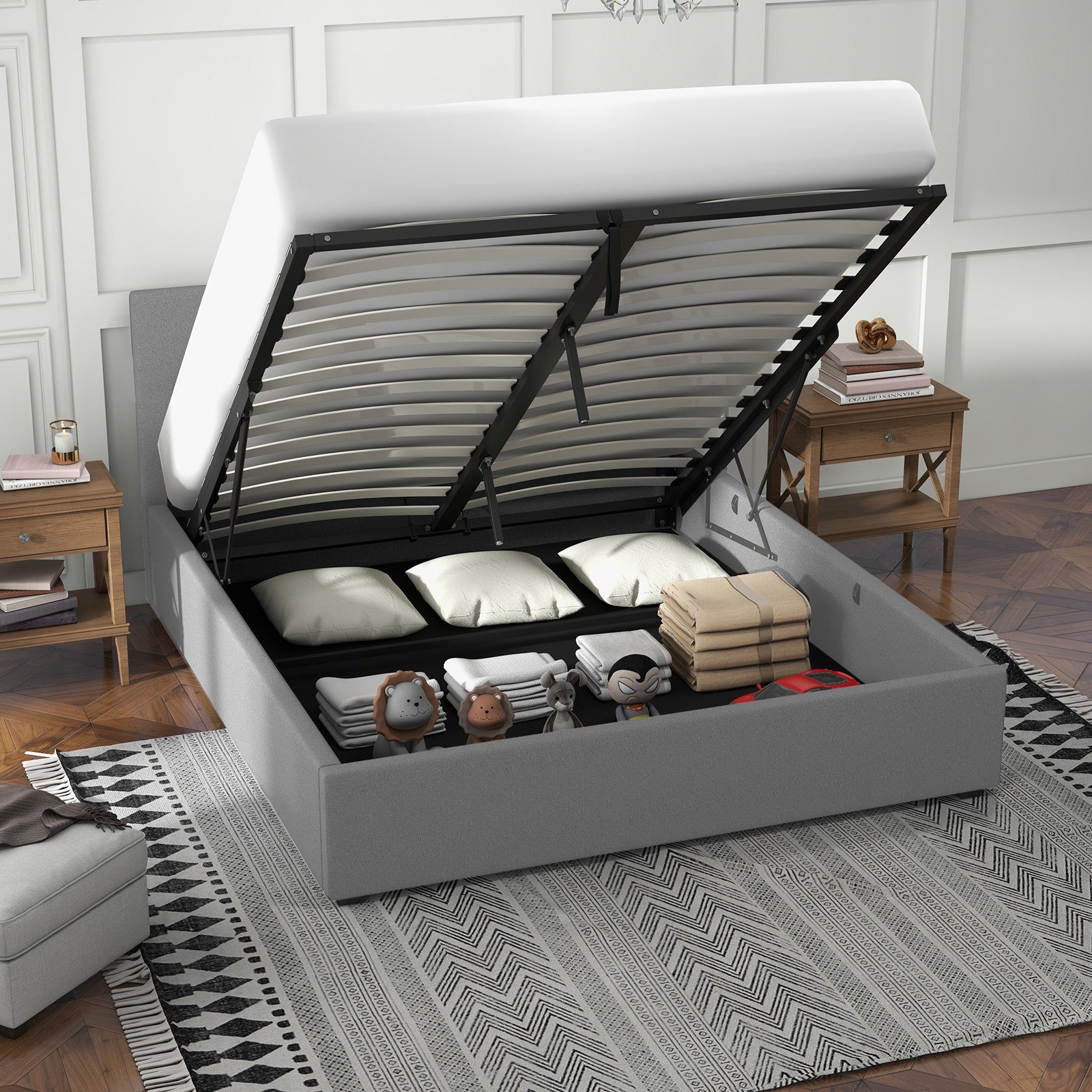 Milano Luxury Gas Lift Bed with Headboard (Model 1) - Grey No.28 - Double-1951134893945786370