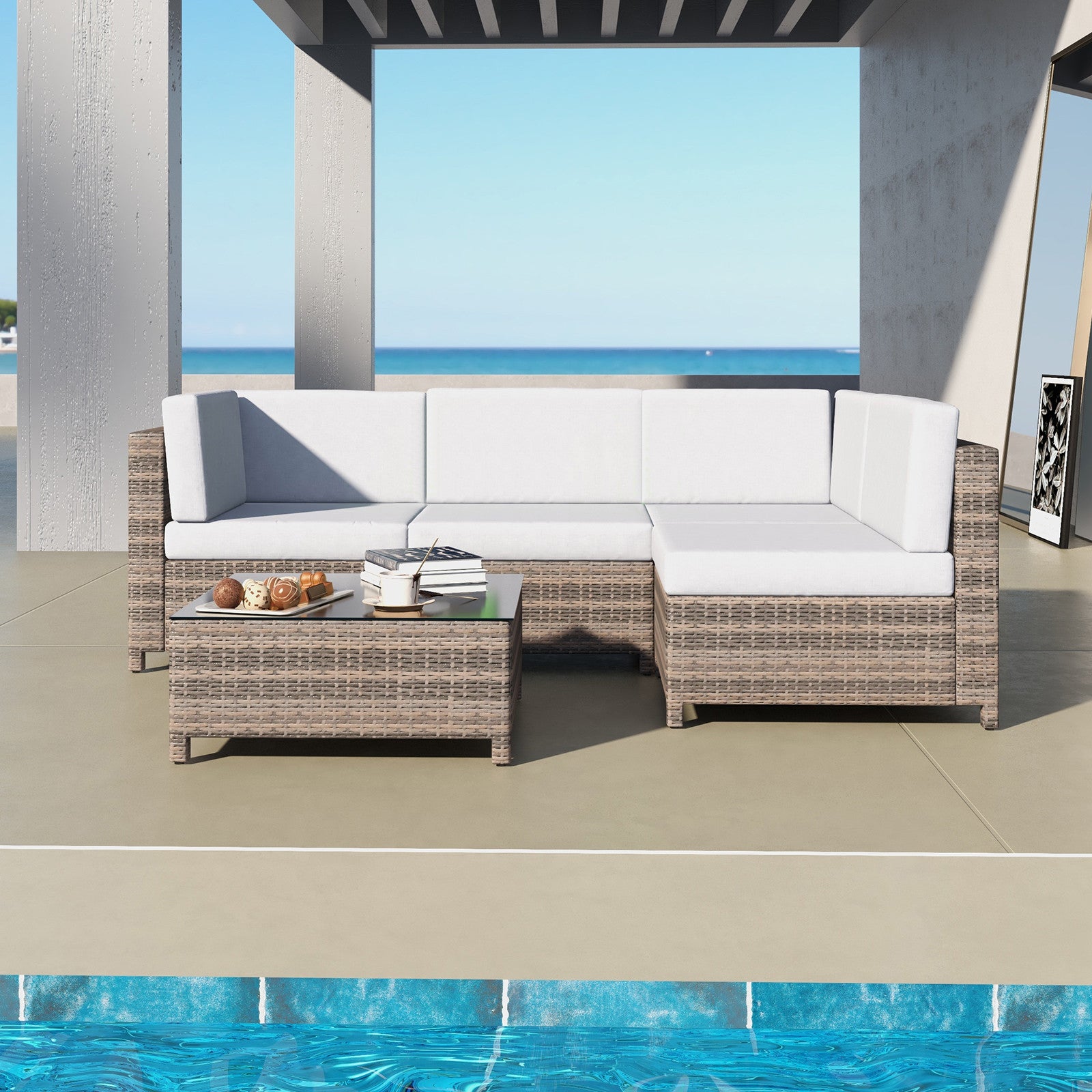 Milano Outdoor 5 PC Rattan Sofa Set Colour Oatmeal Seat & Black Coating (5 Boxes)-1951134907447250945