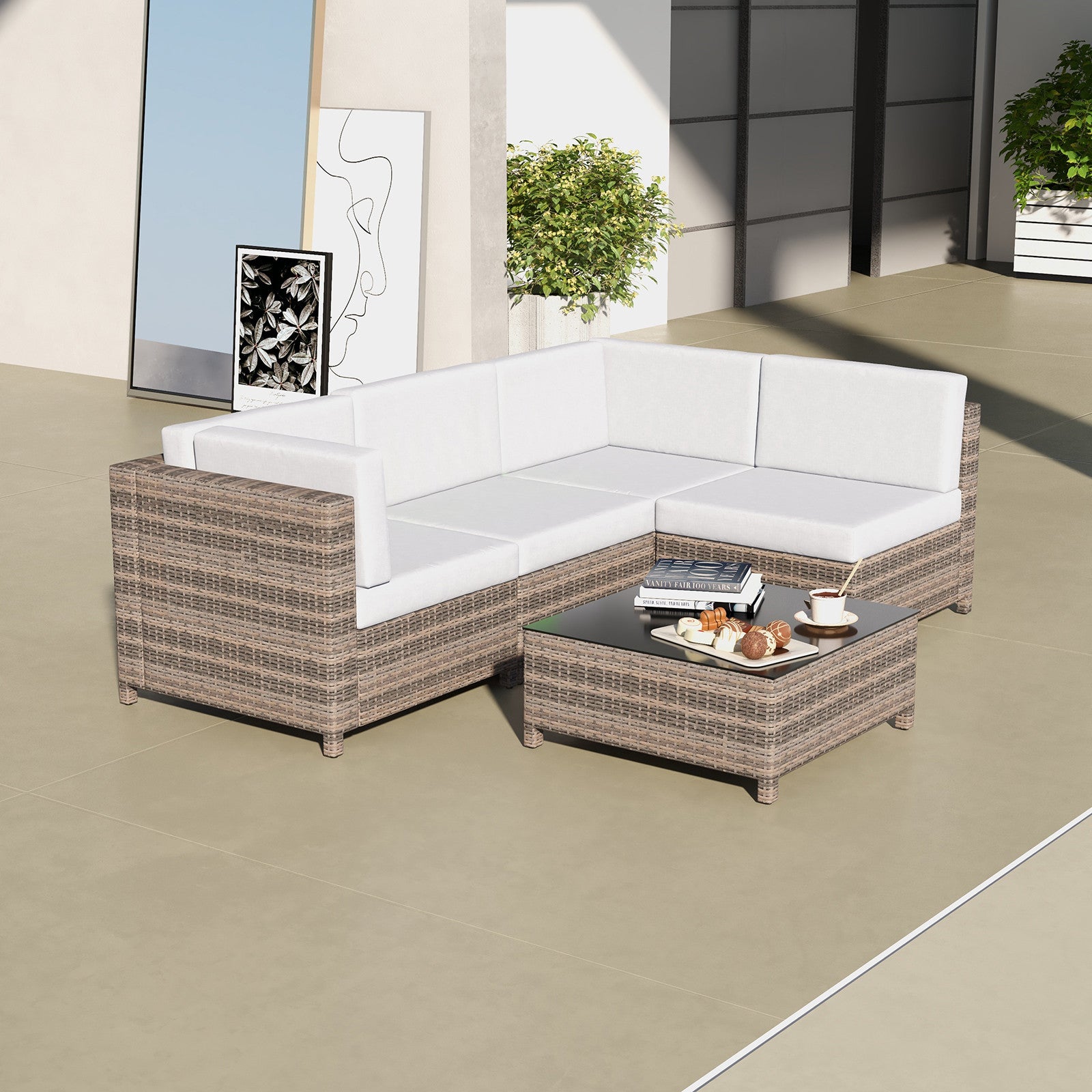 Milano Outdoor 5 PC Rattan Sofa Set Colour Oatmeal Seat & Black Coating (5 Boxes)-1951134907447250947