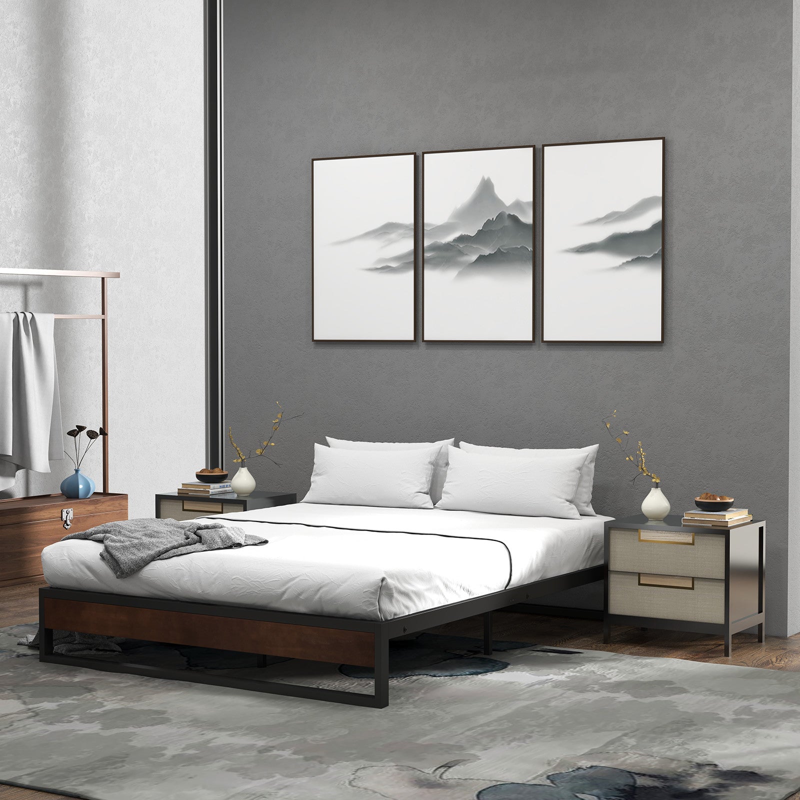 Sorrento Metal and Wood bed base - King-1951134903085174791