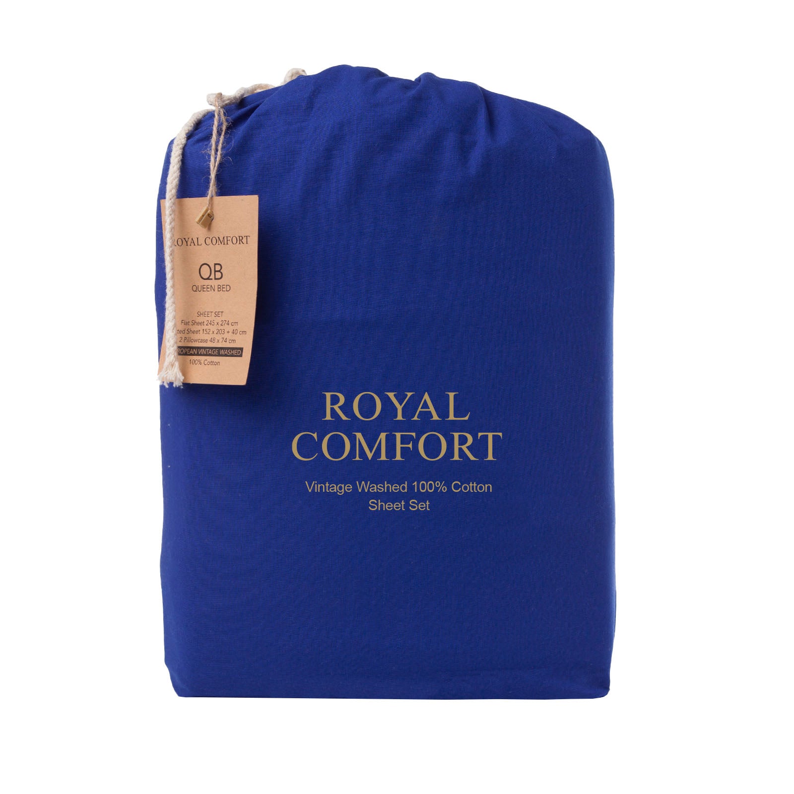Royal Comfort Vintage Washed 100% Cotton Sheet Set Queen - Royal Blue-1951134888870678531