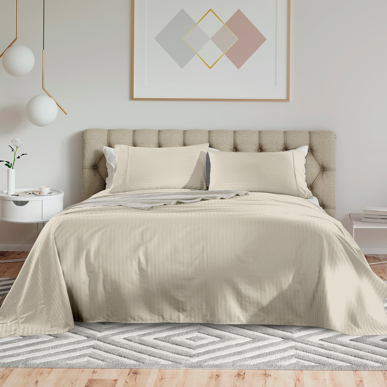 KENSINGTON 1200TC COTTON SHEET SET IN STRIPE-QUEEN - SAND-1951134850446659584