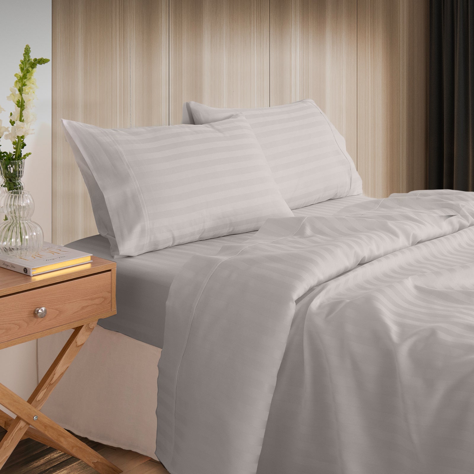 KENSINGTON 1200TC COTTON SHEET SET IN STRIPE- DOUBLE - SILVER (GREY)-1951134851369406464