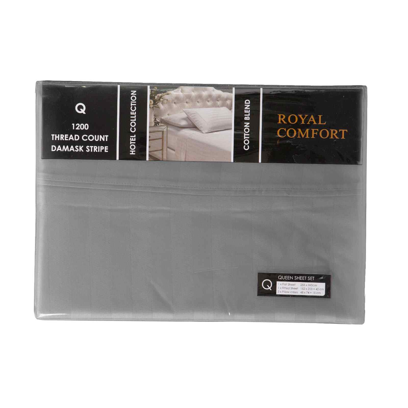 Royal Comfort 1200 Thread count Damask Stripe Cotton Blend sheet sets Queen Charcoal Grey-1951134866577952770