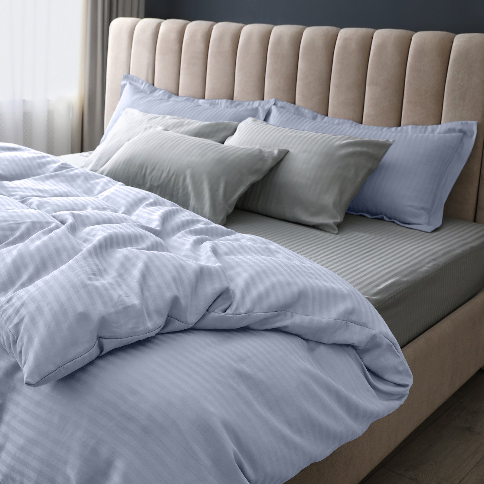 Royal Comfort 1200 Thread count Damask Stripe Cotton Blend Quilt Cover Sets King Blue Fog-1951134826325217282