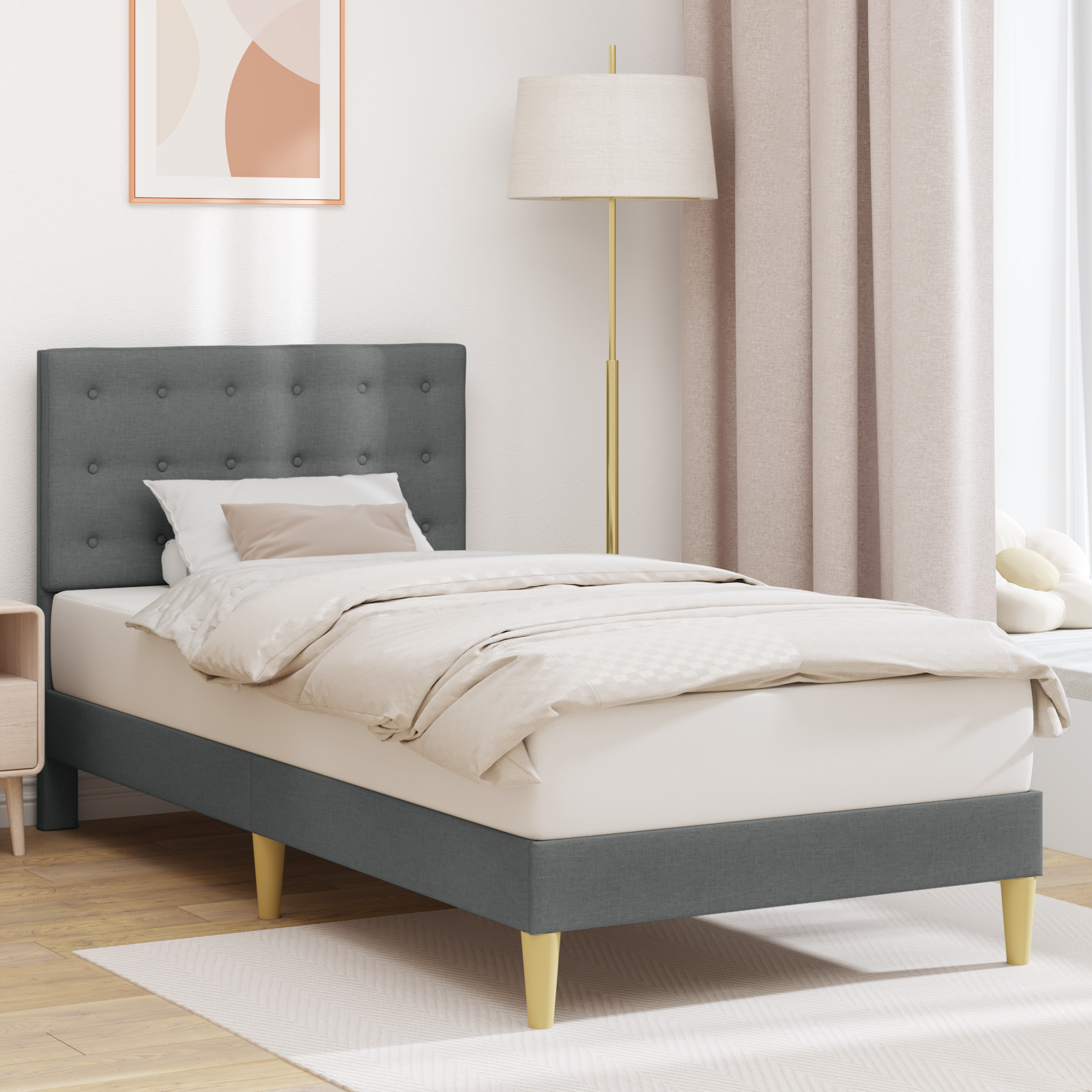 Bed Frame with Headboard Dark Grey 107 x 203 cm Fabric