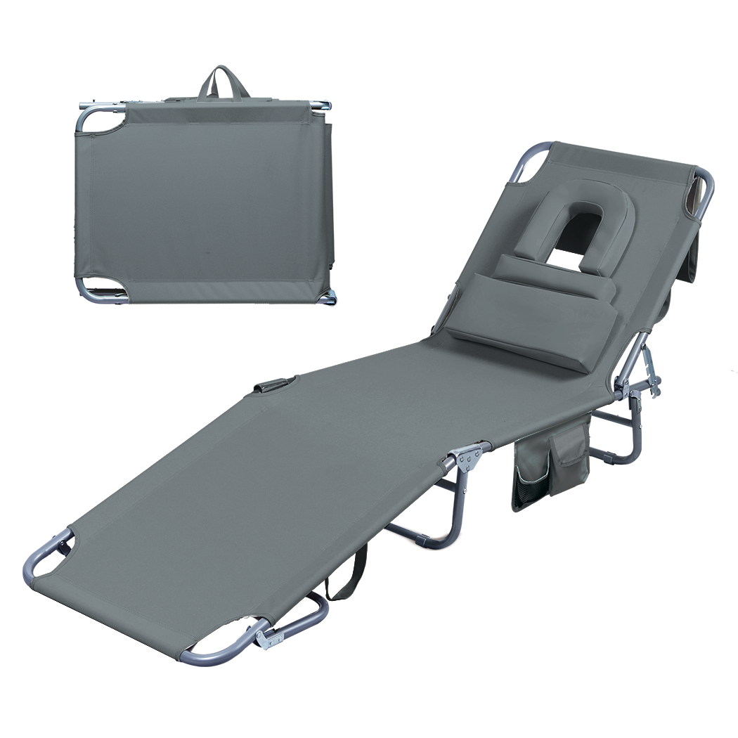 Levede Foldable Beach Lounge Chairs with Face Hole Grey-1954802423352659976