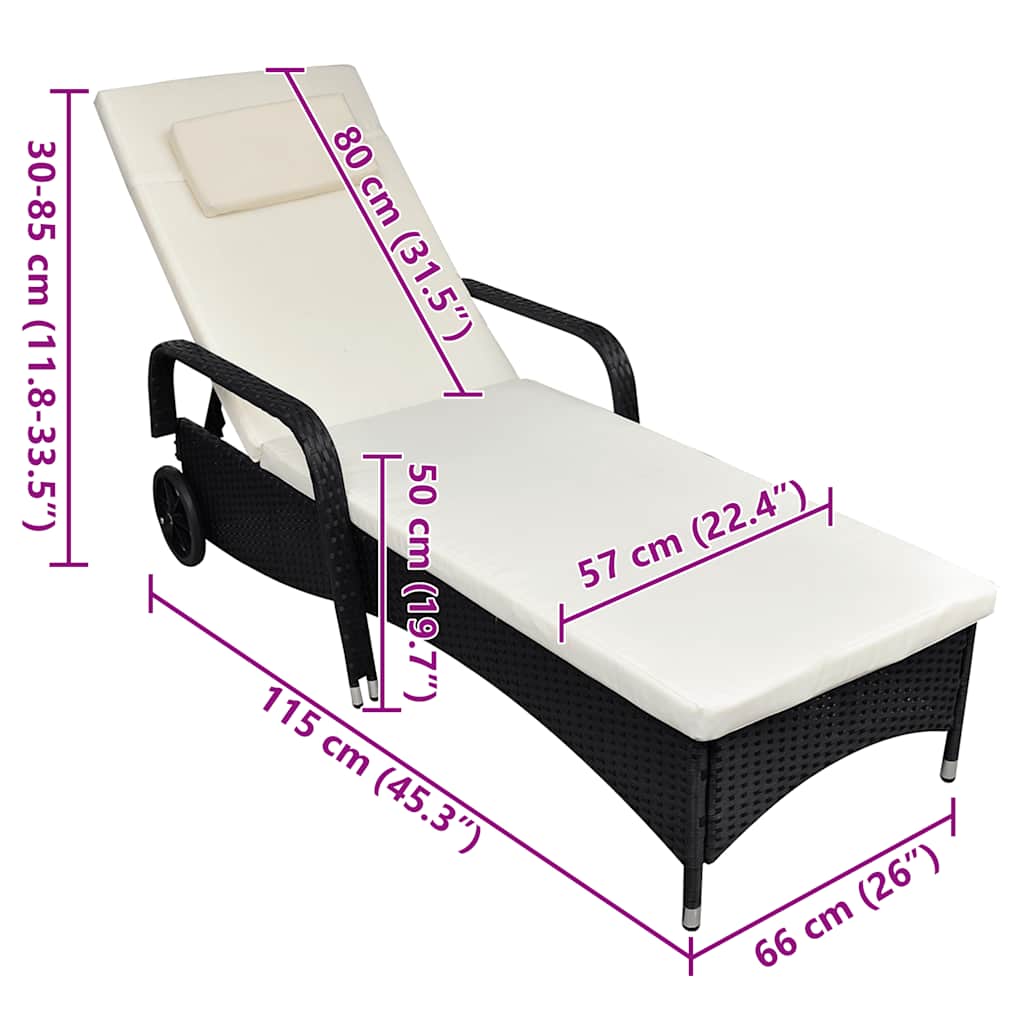 Sun Lounger with Cushion & Wheels Poly Rattan Black