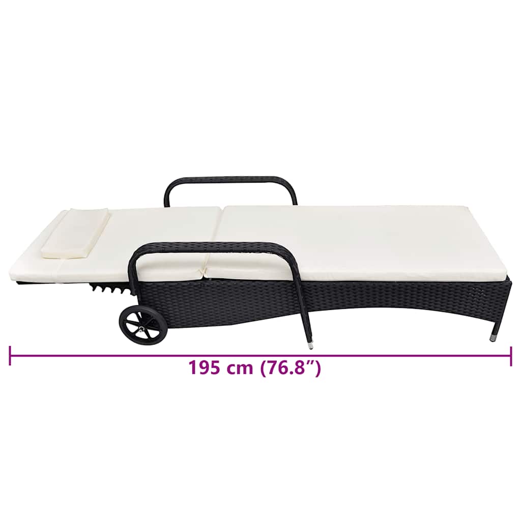Sun Lounger with Cushion & Wheels Poly Rattan Black