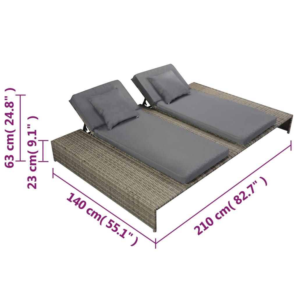 Double Sun Lounger with Cushion Poly Rattan Grey