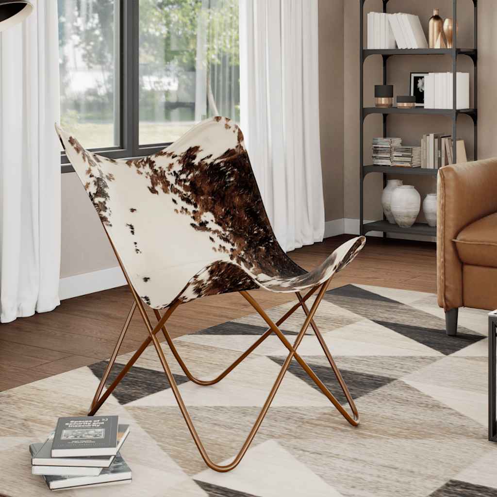 Butterfly Chair Brown and White Real Cowhide Leather