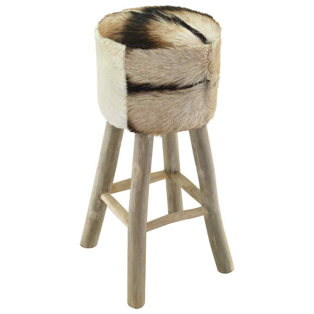 Bar Stool Goatskin Leather and Solid Teak Wood