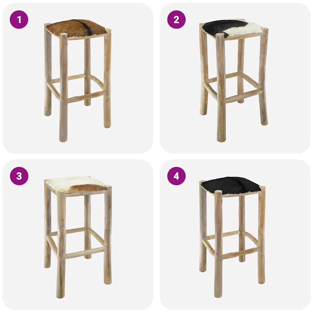 Bar Stool Goatskin Leather and Solid Teak Wood