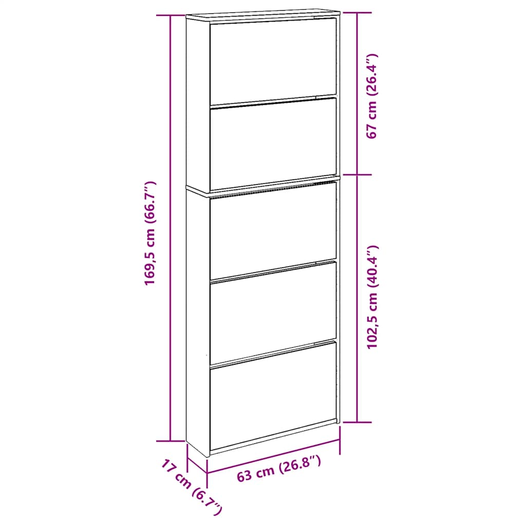 Shoe Cabinet 5-Layer Mirror Oak 63x17x169.5 cm