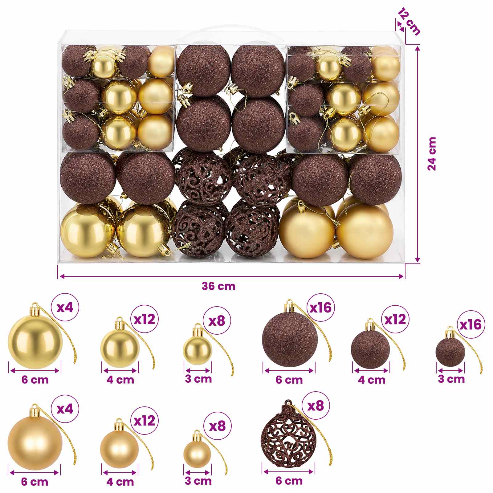 100 Piece Christmas Ball Set 3/4/6 cm Brown/Bronze/Gold