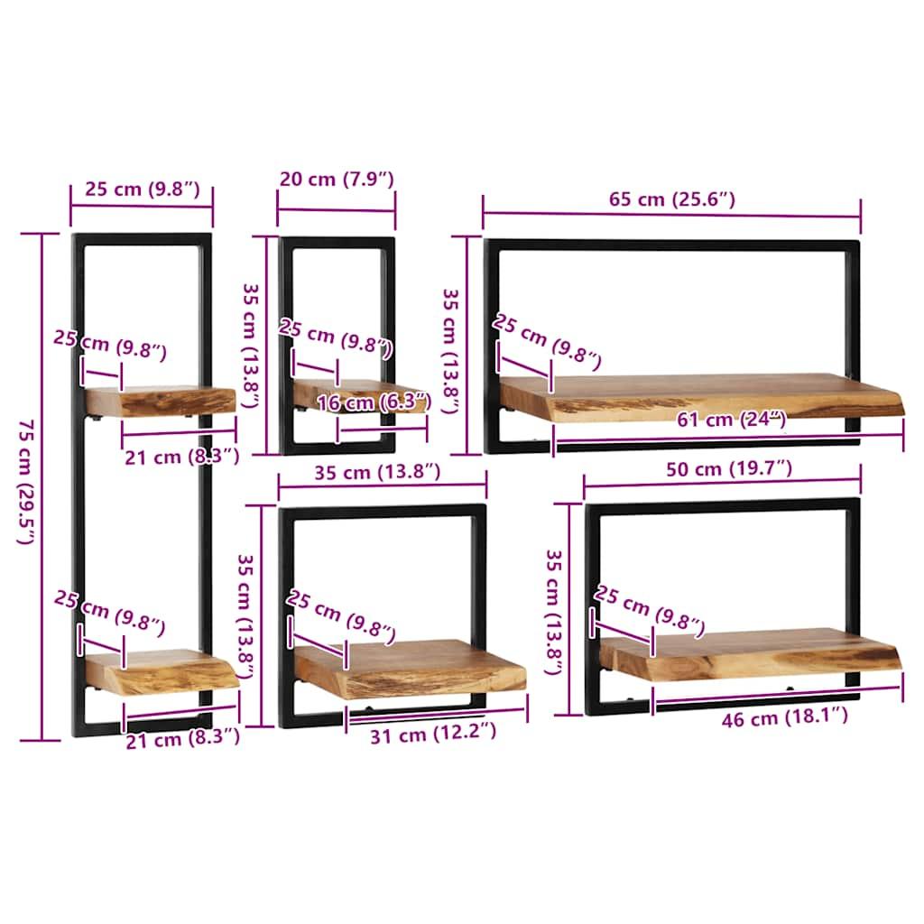 Wall Shelf Set 5 Pieces Solid Acacia Wood and Steel