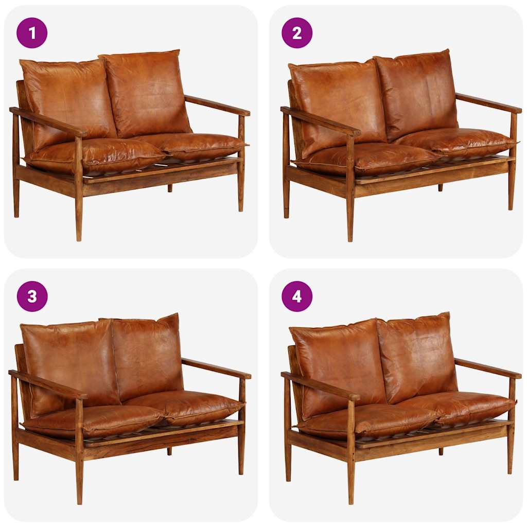 2-Seater Sofa Real Leather with Acacia Wood Brown