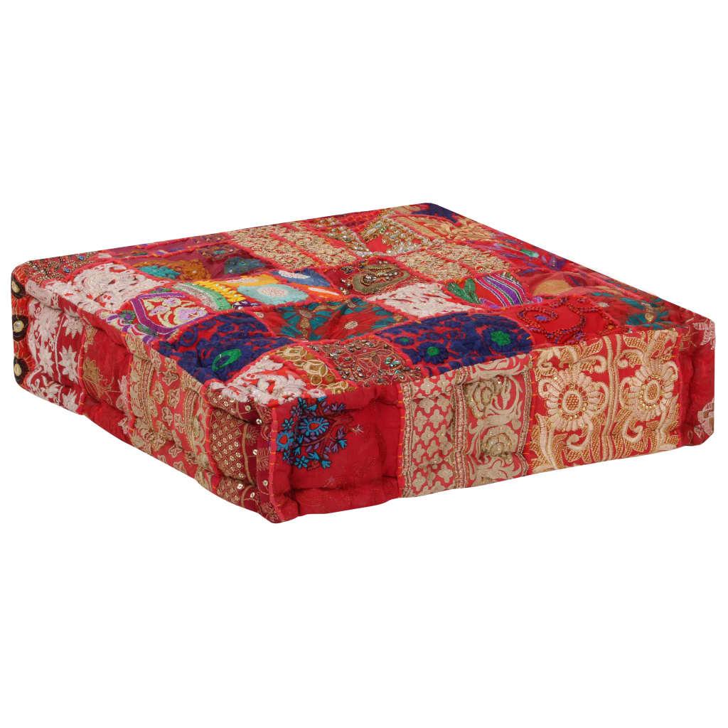 Patchwork Pouffe Square Cotton Handmade 50x50x12 cm Red