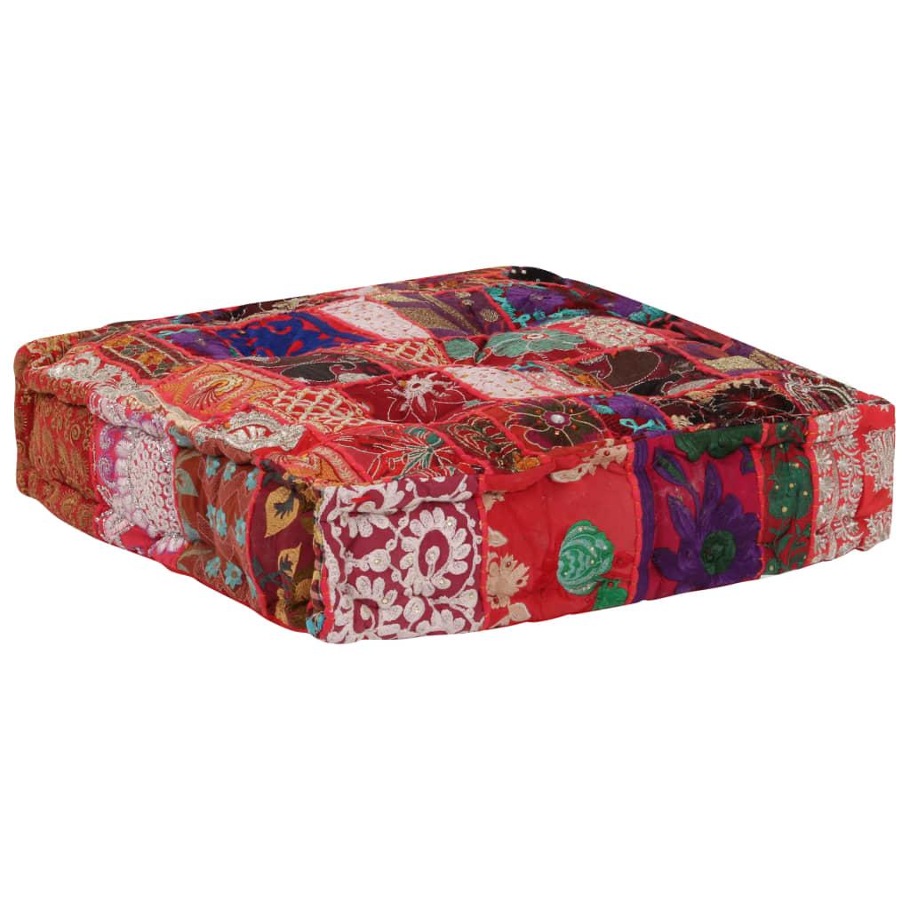 Patchwork Pouffe Square Cotton Handmade 50x50x12 cm Red