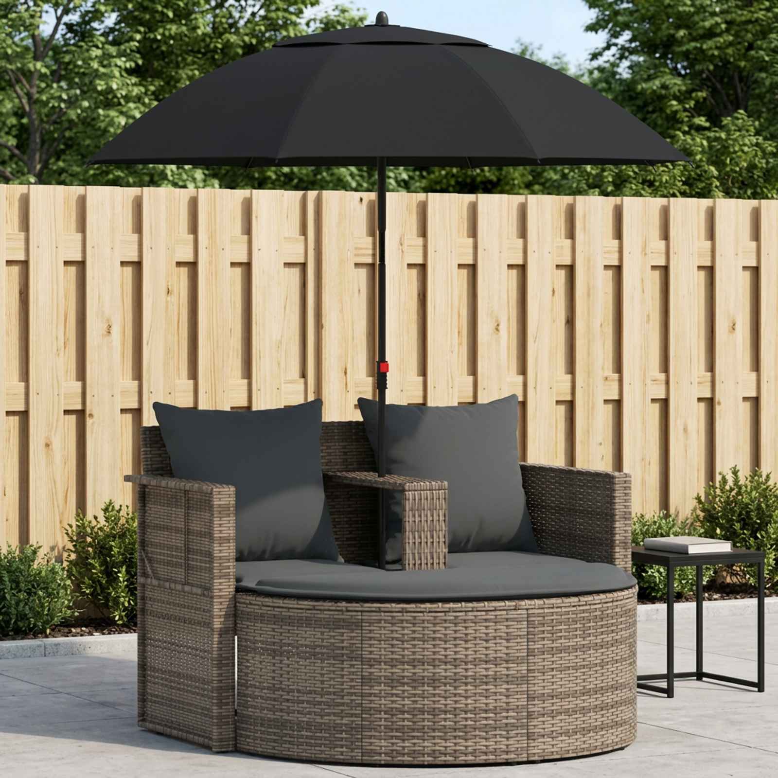 2 Seater Garden Sofa with Cushions and Parasol Grey Poly Rattan