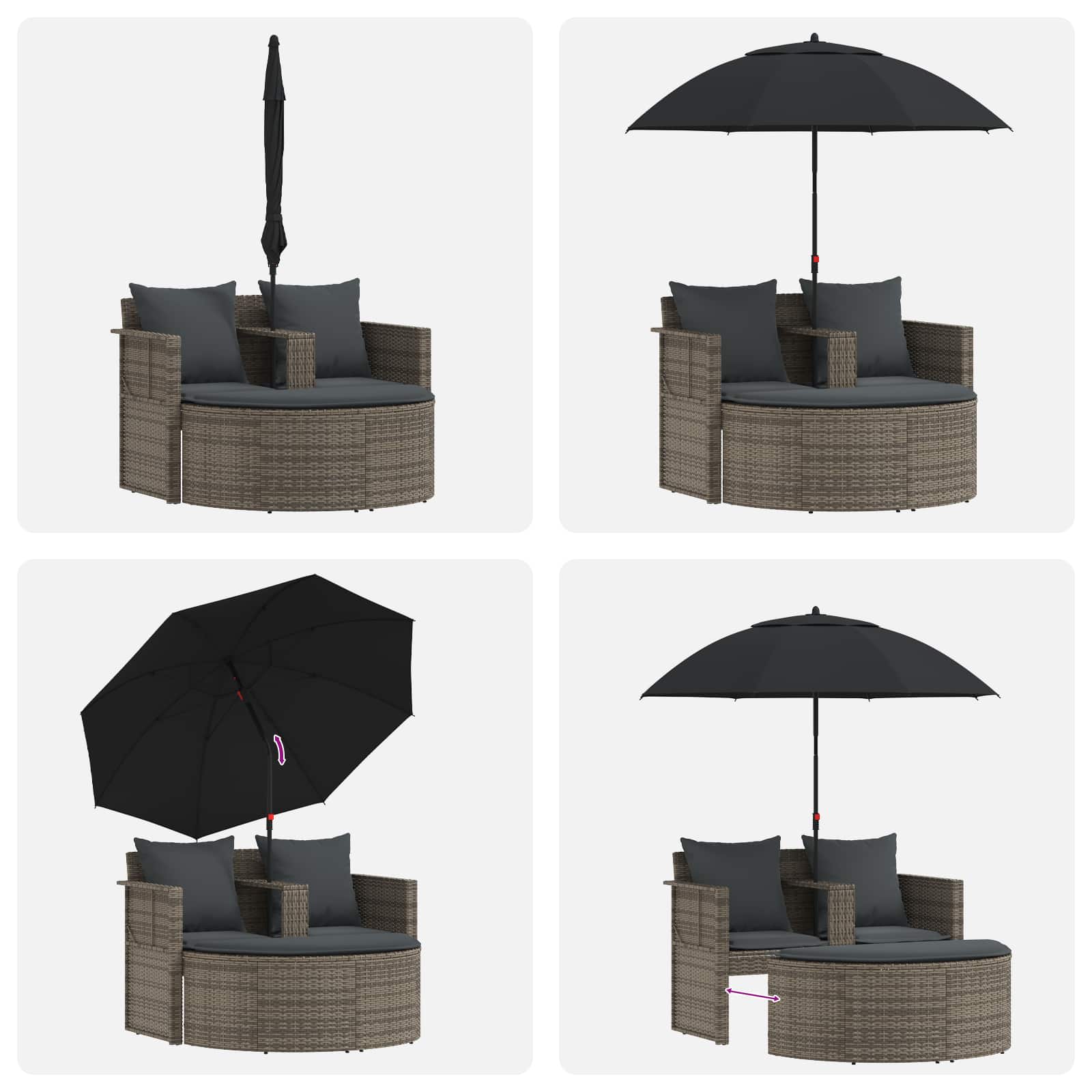 2 Seater Garden Sofa with Cushions and Parasol Grey Poly Rattan