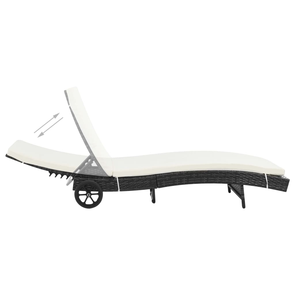 Sun Lounger with Wheels and Cushion Poly Rattan Black