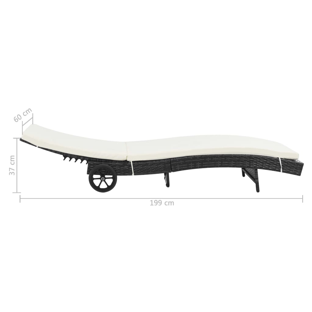 Sun Lounger with Wheels and Cushion Poly Rattan Black