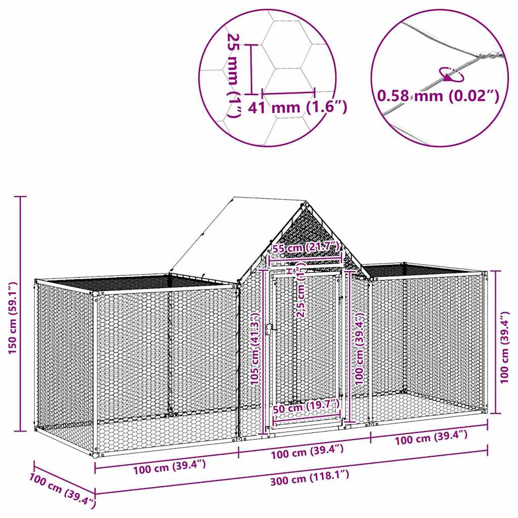 Chicken Coop 3x1x1.5 m Galvanised Steel