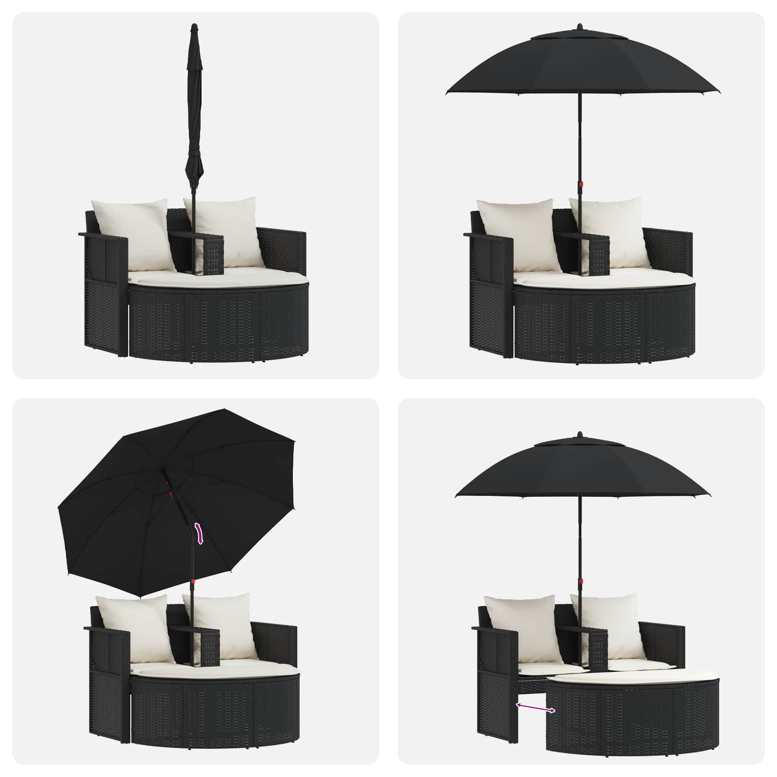 Garden Bed with Parasol Black Poly Rattan