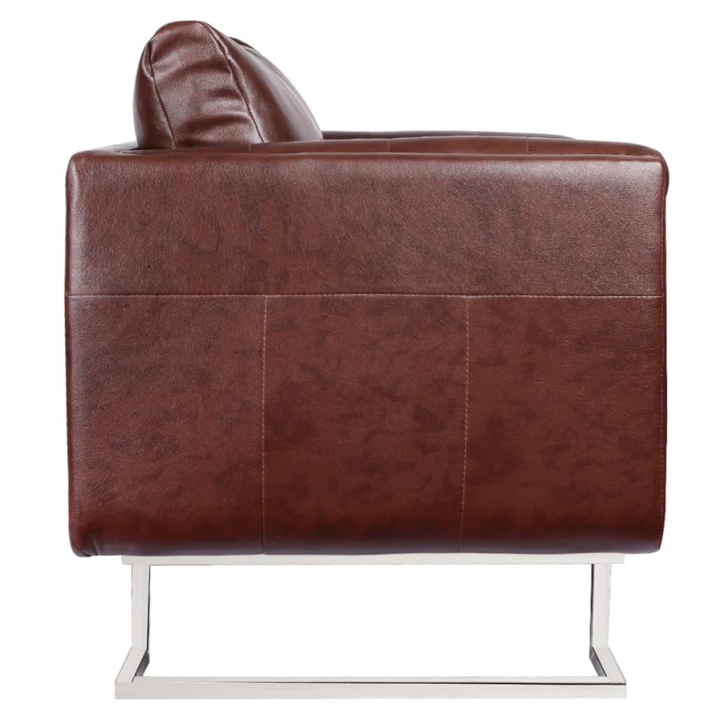 Cube Armchair with Chrome Feet Brown Faux Leather
