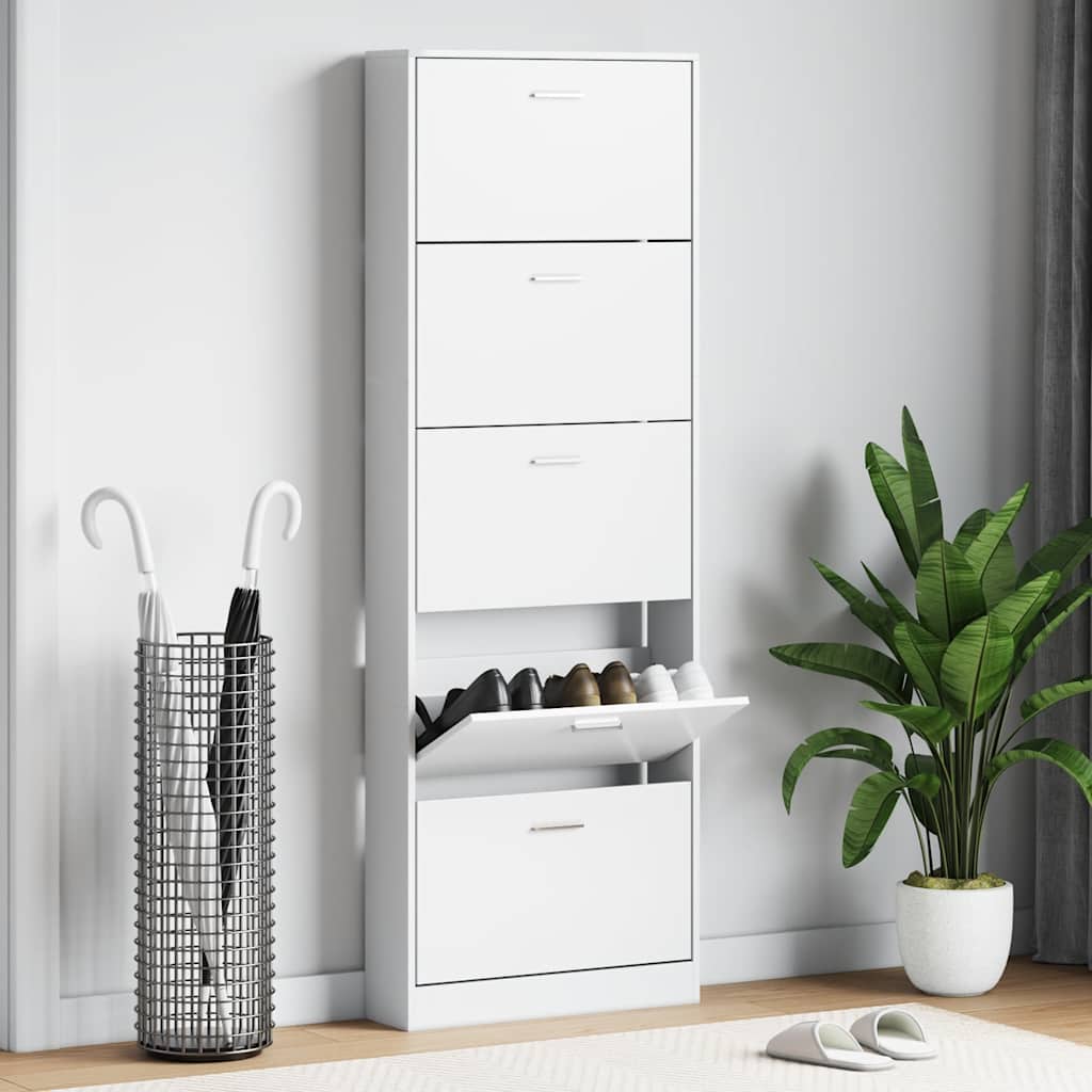 White Wooden Shoe Cabinet with 5 Compartments