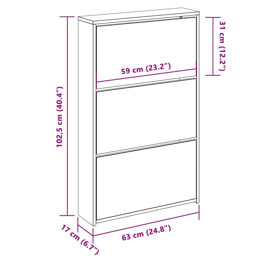 Shoe Cabinet 3-Layer Mirror Oak 63x17x102.5 cm