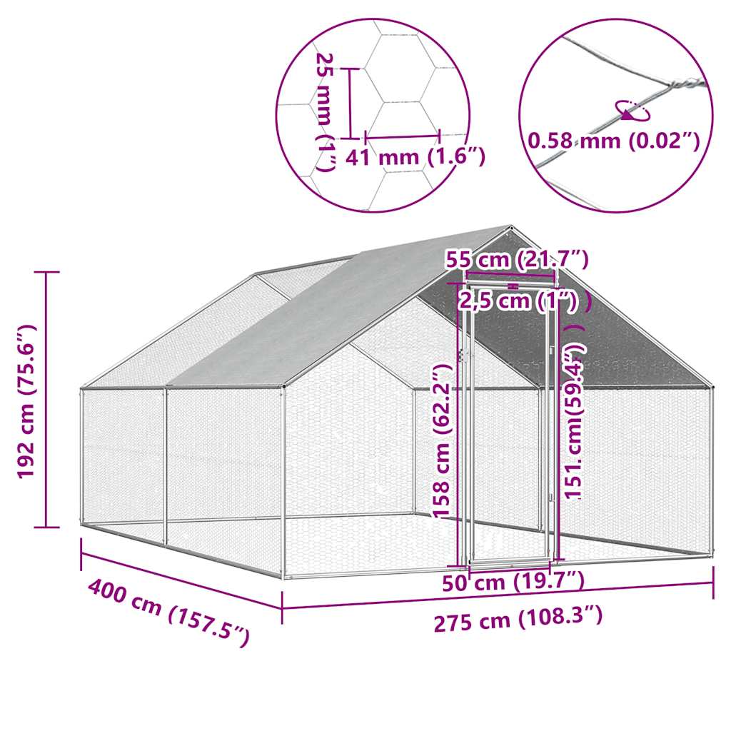 Outdoor Chicken Cage 2,75x4x1,92 m Galvanised Steel