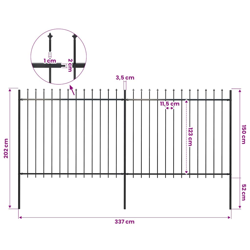 Garden Fence with Spear Top Steel 337x150 cm Black
