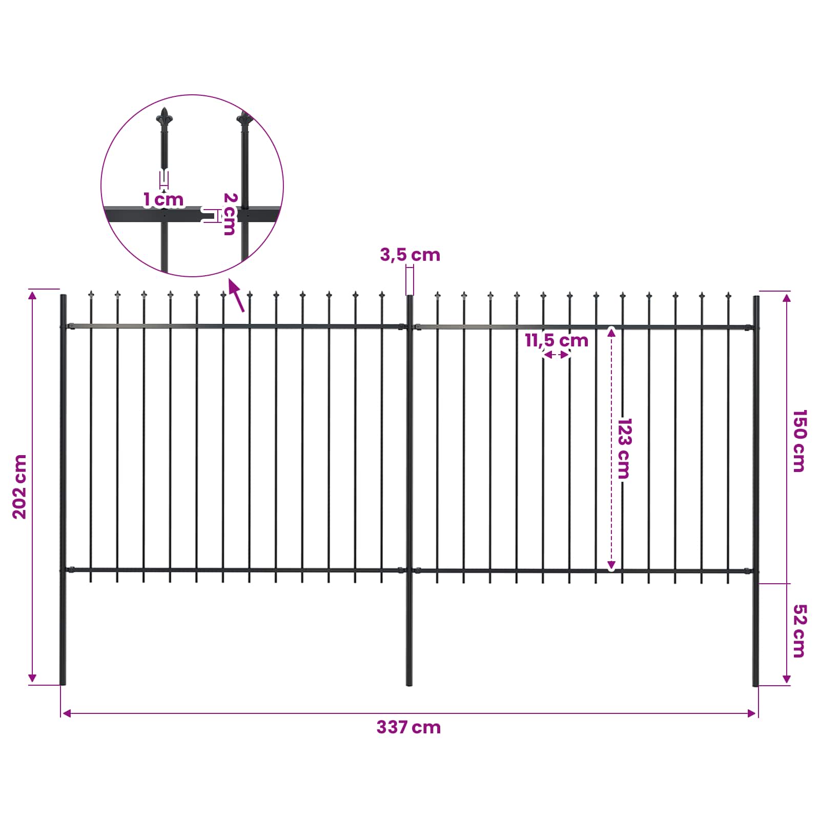 Garden Fence with Spear Top Steel 337x150 cm Black