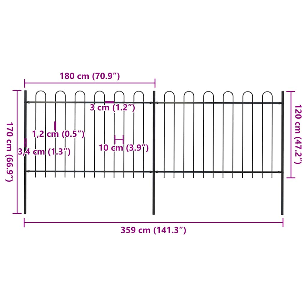 Garden Fence with Hoop Top Steel 359x120 cm Black (2x144931)