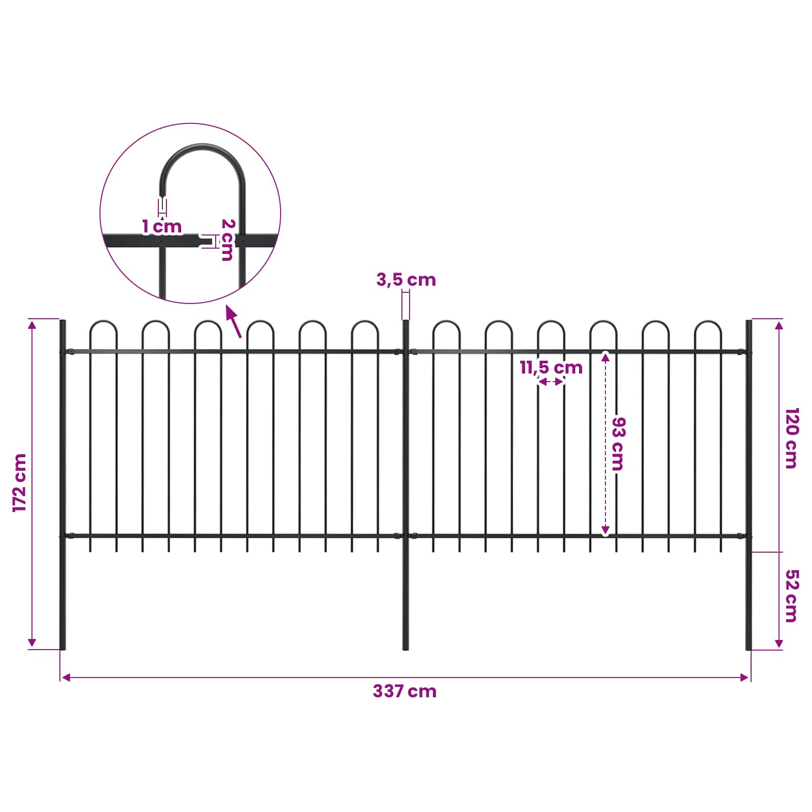 Garden Fence with Hoop Top Steel 359x120 cm Black (2x144931)