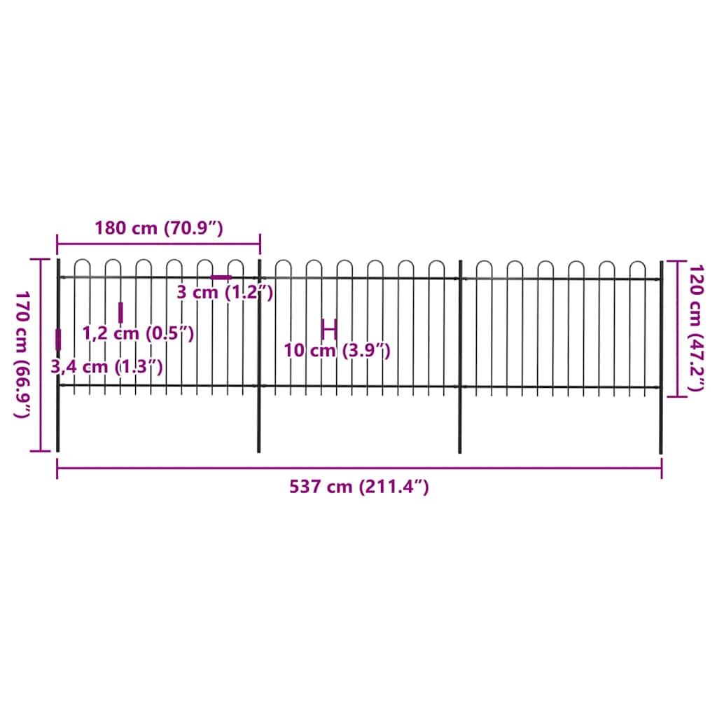 Garden Fence with Hoop Top Steel 537x120 cm Black (3x144931)