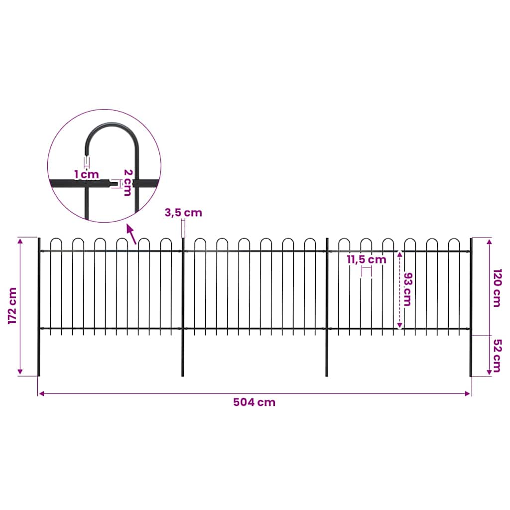 Garden Fence with Hoop Top Steel 504x120 cm Black