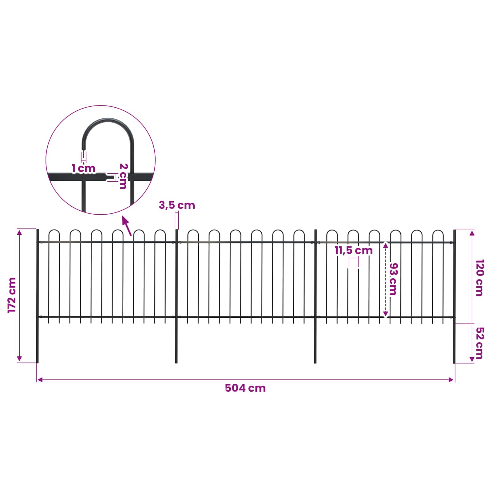 Garden Fence with Hoop Top Steel 537x120 cm Black (3x144931)