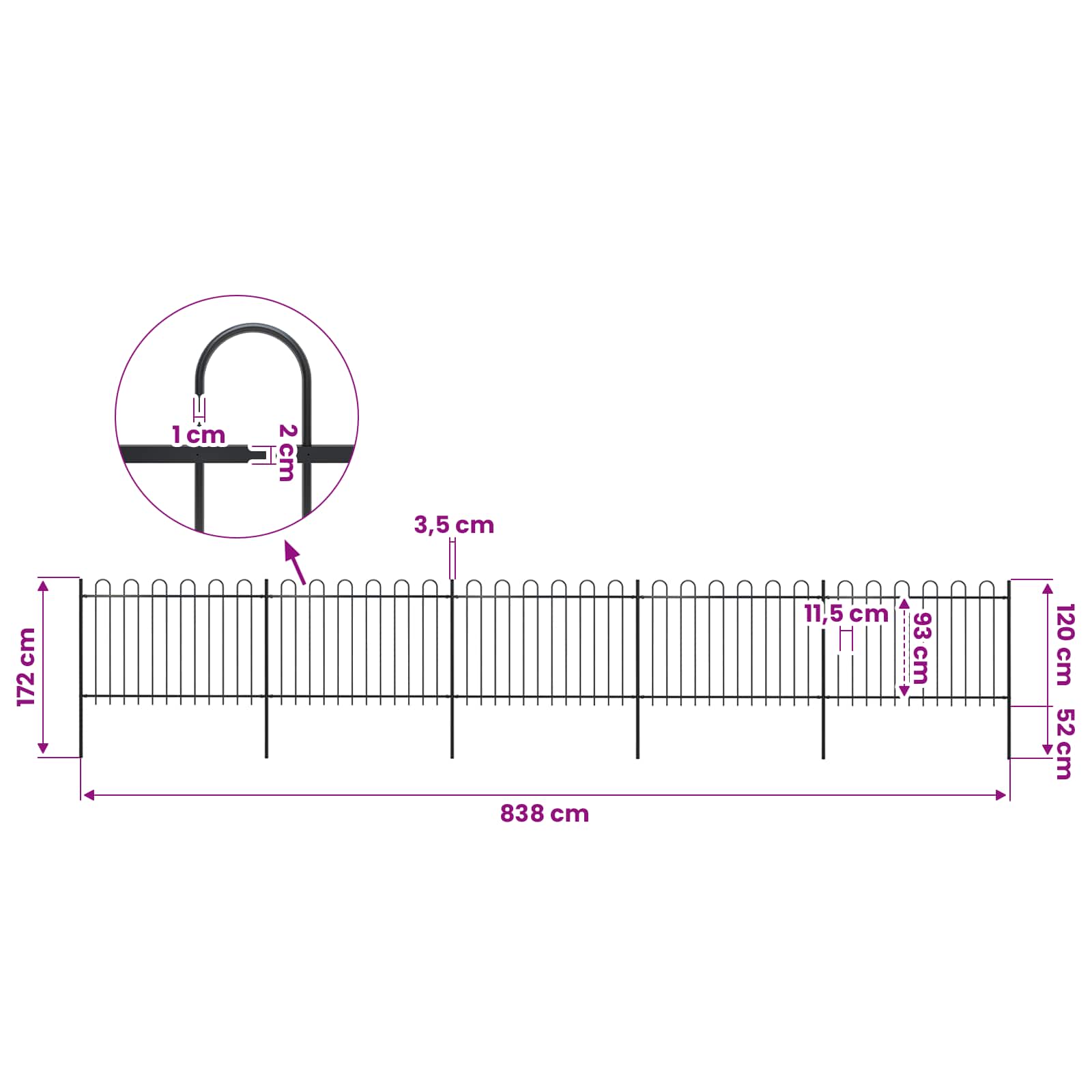 Garden Fence with Hoop Top Steel 892,5x120 cm Black (5x144931)