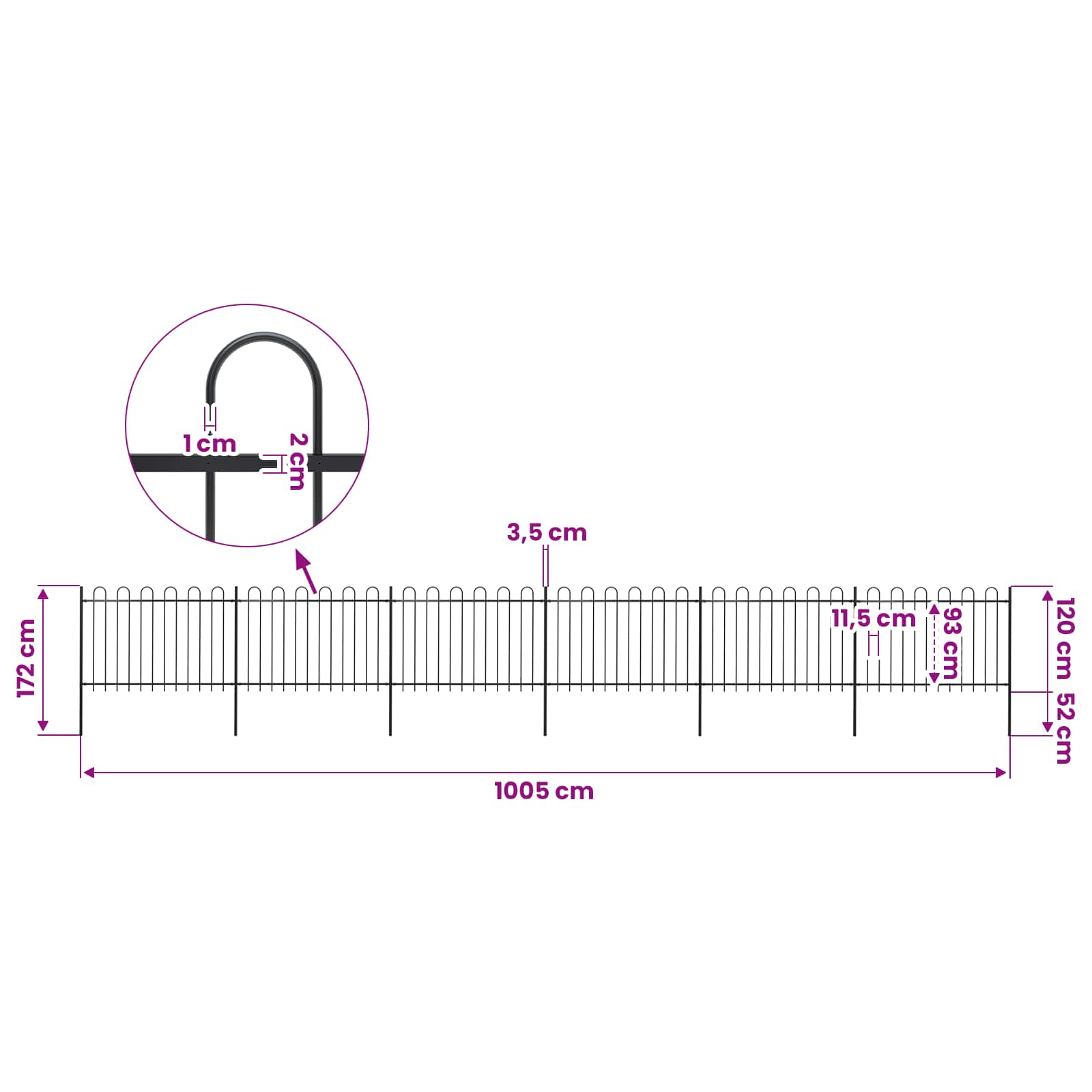 Garden Fence with Hoop Top Steel 1070x120 cm Black (6x144931)
