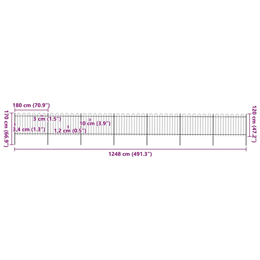 Garden Fence with Hoop Top Steel 1248x120 cm Black (7x144931)