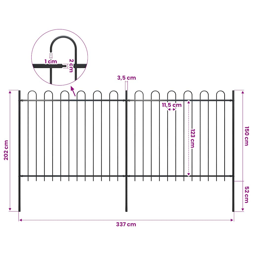 Garden Fence with Hoop Top Steel 337x150 cm Black