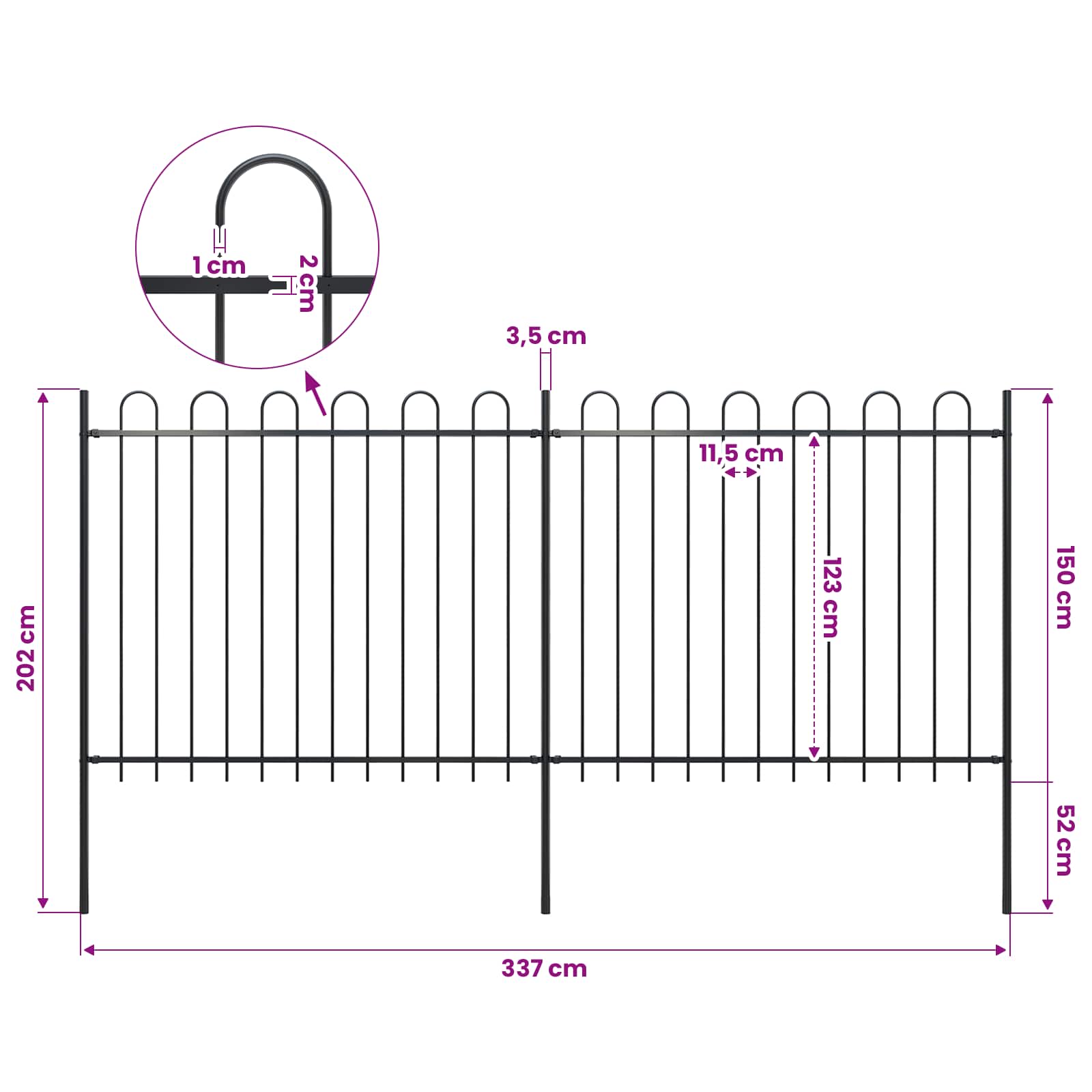 Garden Fence with Hoop Top Steel 359x150 cm Black (2x144932)