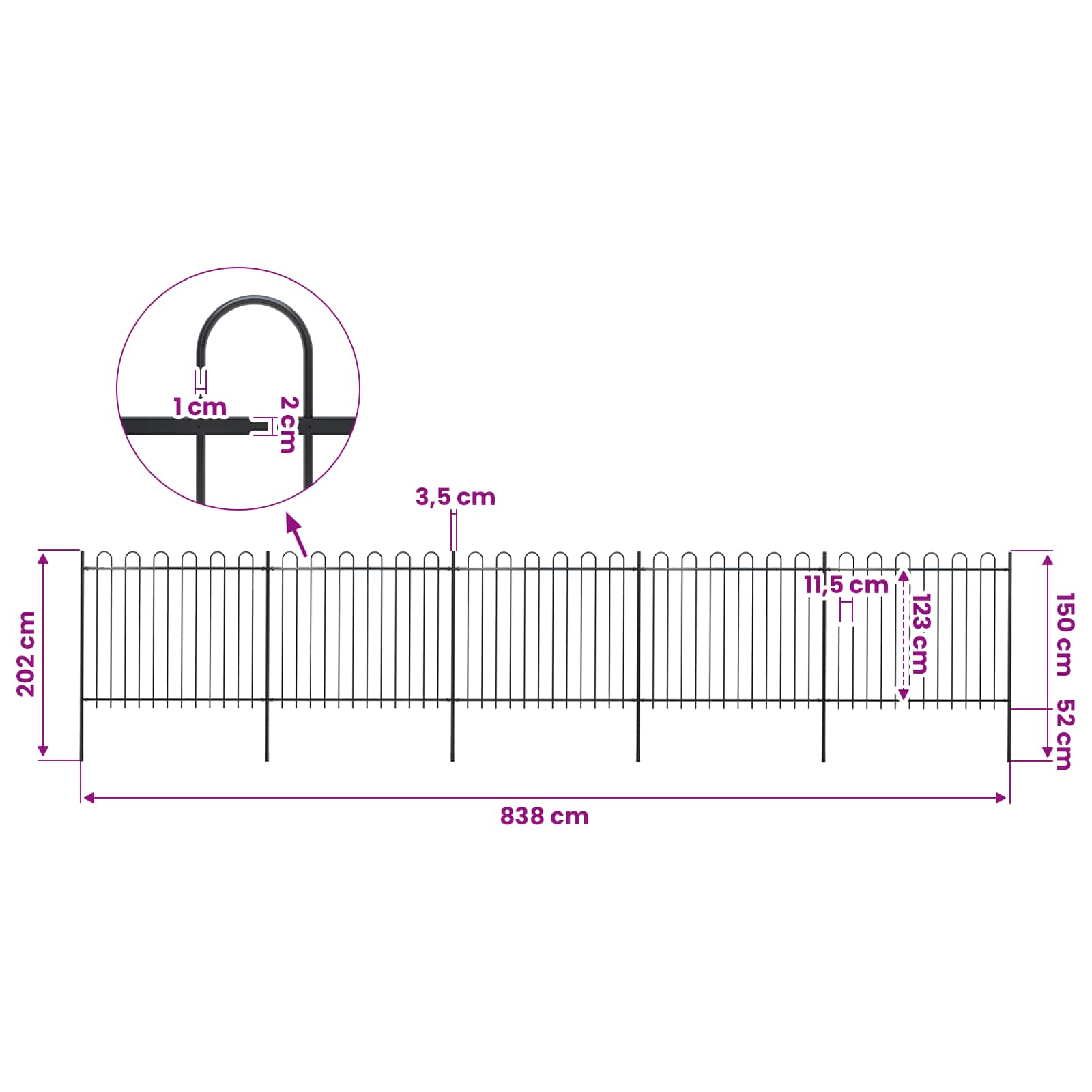 Garden Fence with Hoop Top Steel 892,5x150 cm Black (5x144932)