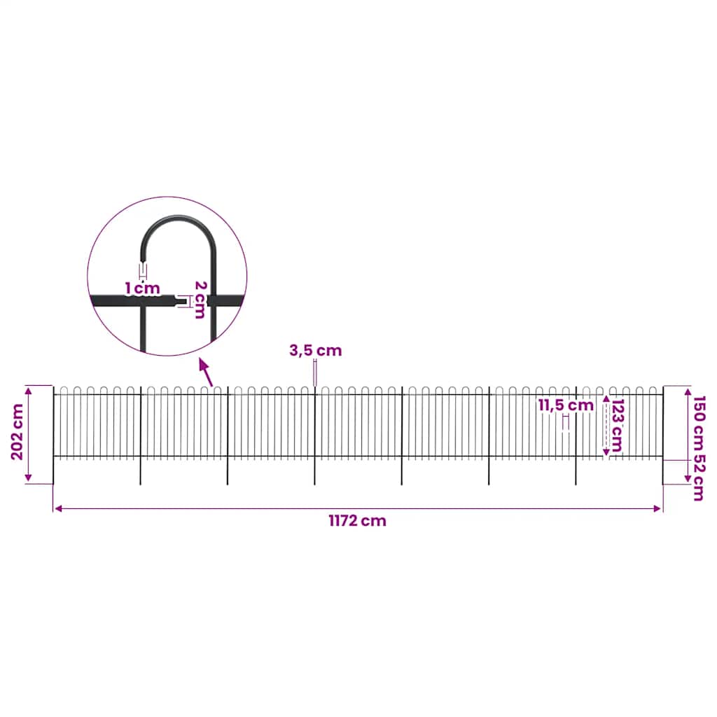 Garden Fence with Hoop Top Steel 1172x150 cm Black
