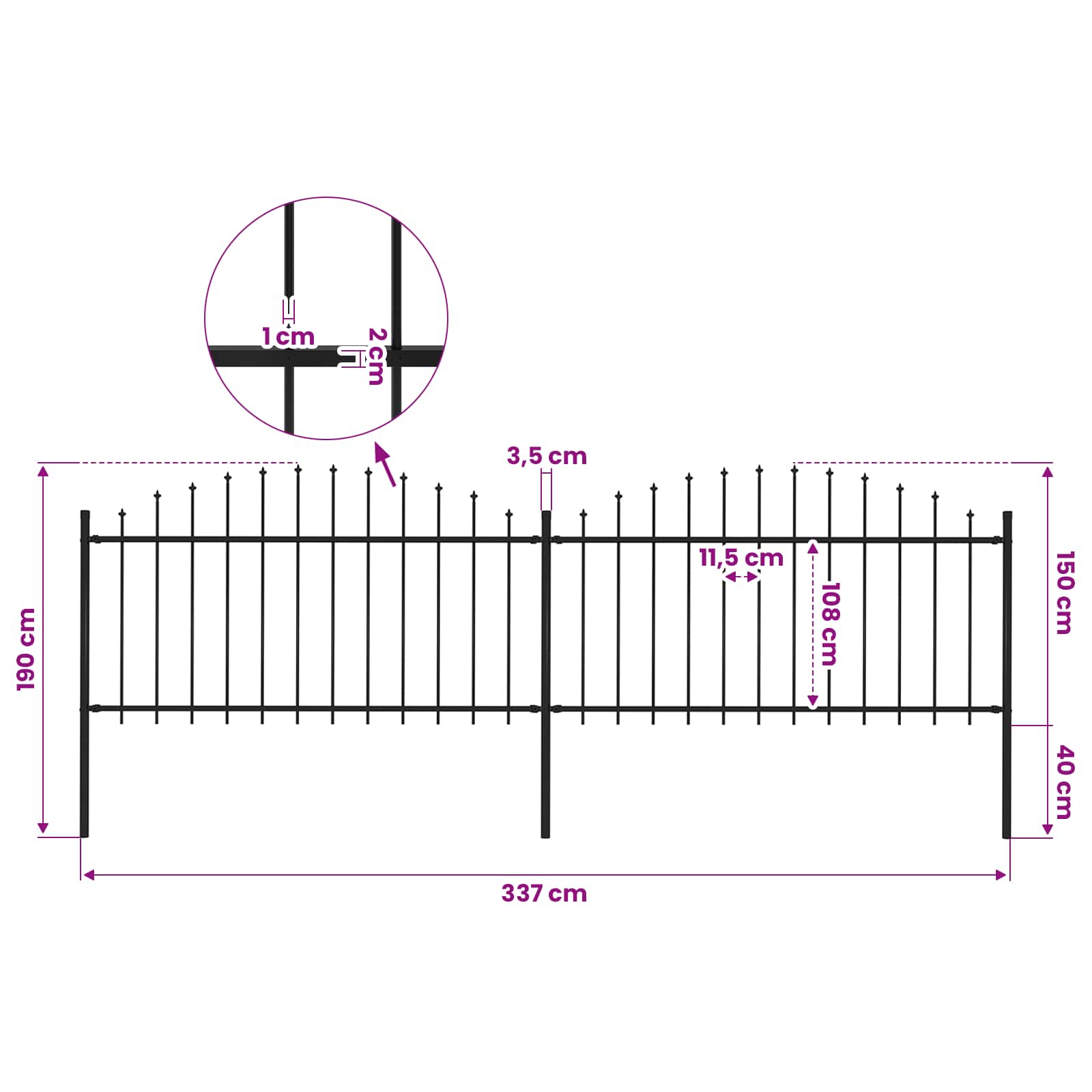 Garden Fence with Spear Top Steel 359x150 cm Black (2x144943)